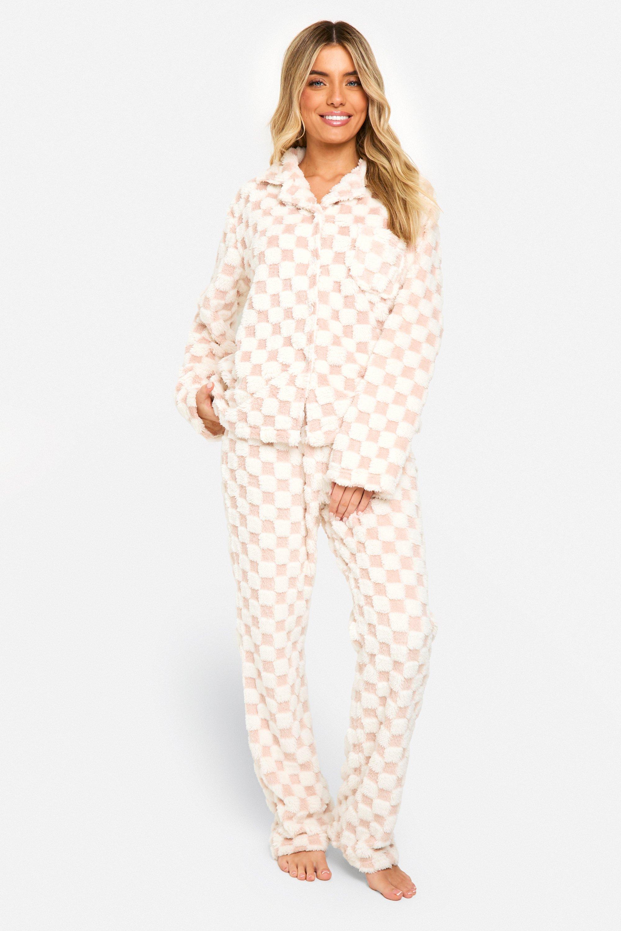 Womens Baby Pink Fleece Checkerboard Button Front Pj Set - 16, Pink